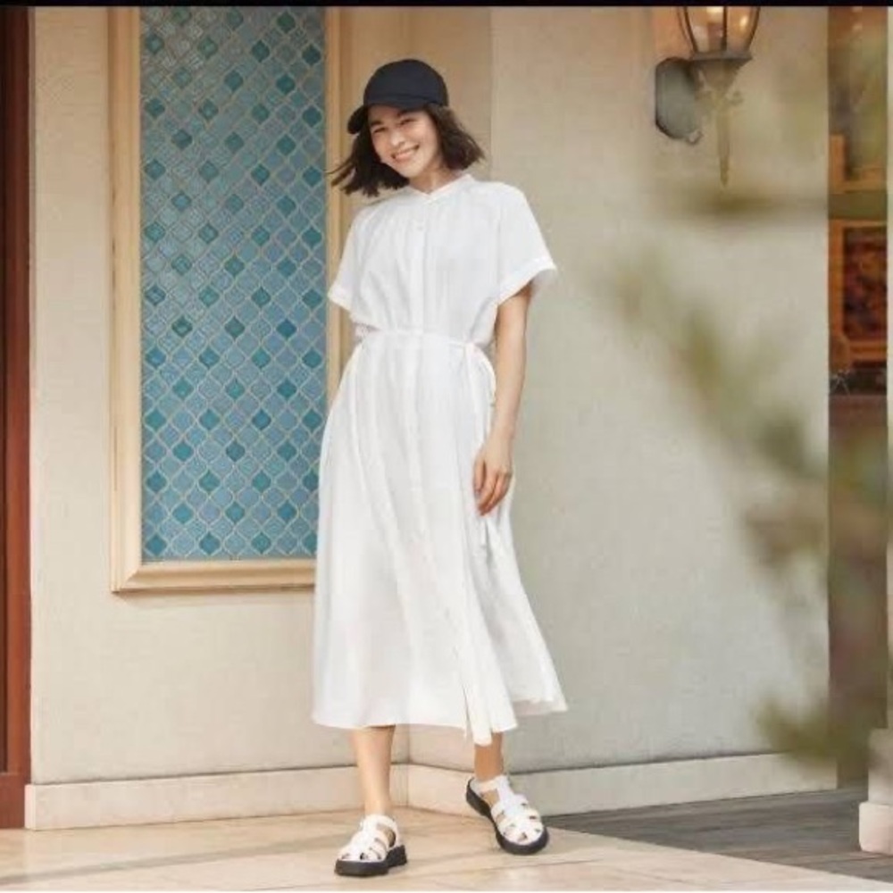 GU belted button down white dress